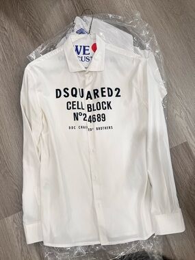 DSQUARED2 White Long-Sleeve Dress Shirt with Black Logo